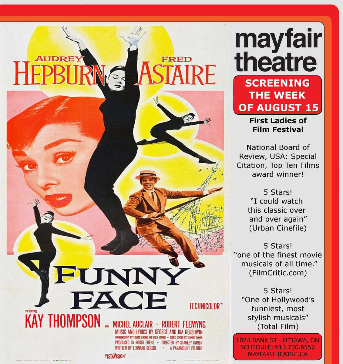 Funny Face - Screening the week of August 15!

Cannes Film Festival: Palme d’Or nominee!

5 Stars! “one of the finest movie musicals of all time.” (FilmCritic.com)

5 Stars! “One of Hollywood’s funniest, most stylish musicals” (Total Film)

mayfairtheatre.ca/movie/funny-fa…