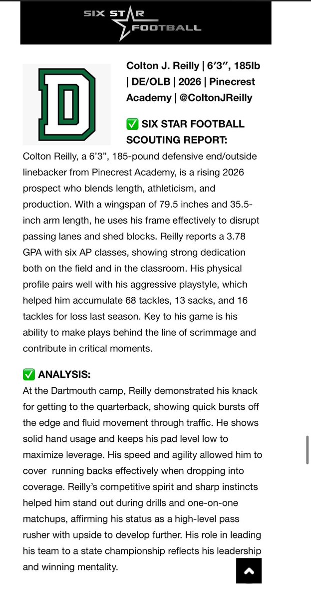 ColtonJReilly's tweet image. Thank you @sixstarfootball for the write up about my experience at the Dartmouth camp. It was a great overall experience! @coachmcthompson @coach_dobes @Coach_McCorkle @coachirishodea @CoachDaft @headdogpound @CoachJournell @CarsonAdams70 @PinecrestAcadem @CoachCoury6