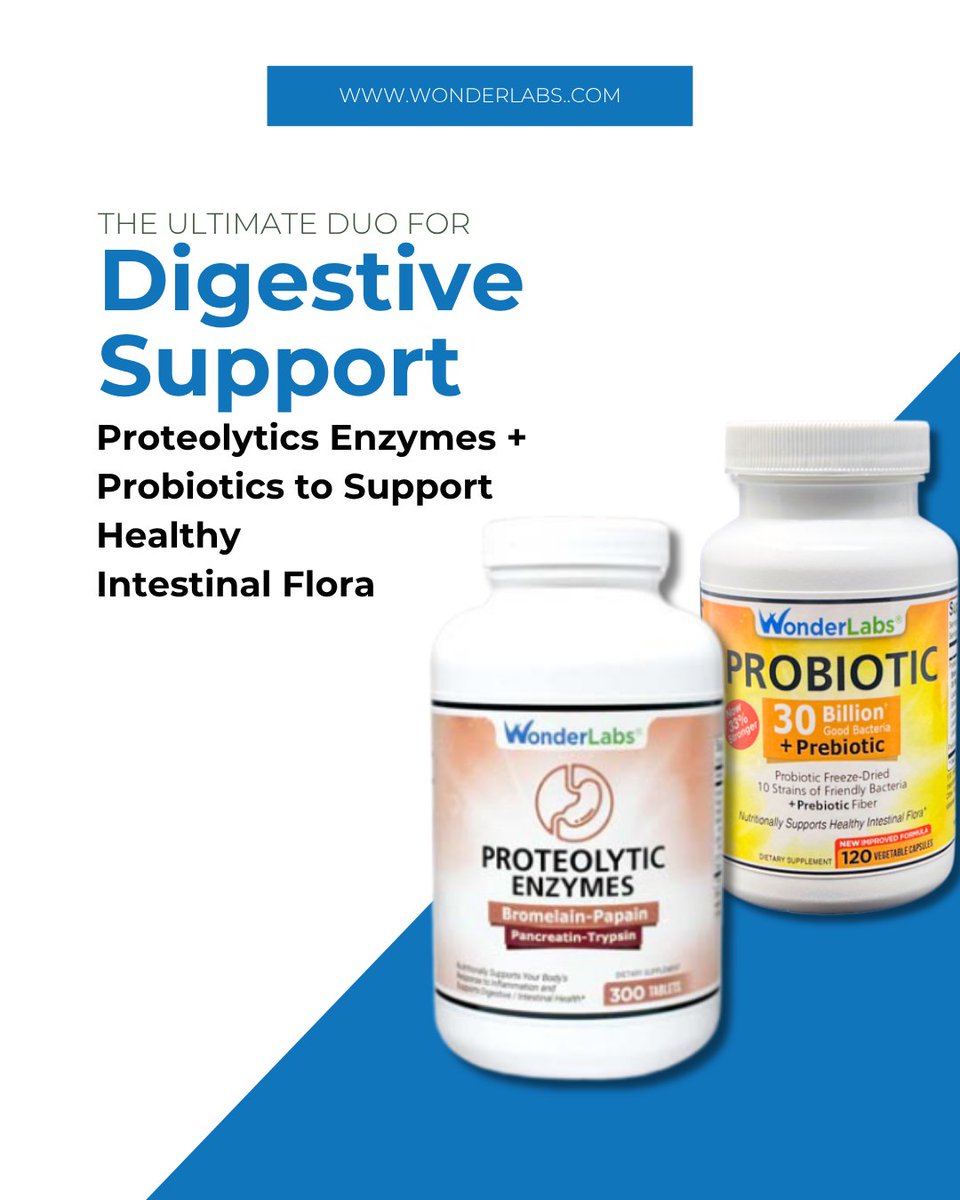 WonderLabs's tweet photo. Support your gut from every angle with the ultimate digestive duo! 🦠✨ WonderLabs’ Proteolytic Enzymes and Probiotic + Prebiotic work together to enhance nutrient absorption, balance intestinal flora, and promote optimal digestive health. https://t.co/R8vkfC9UgM