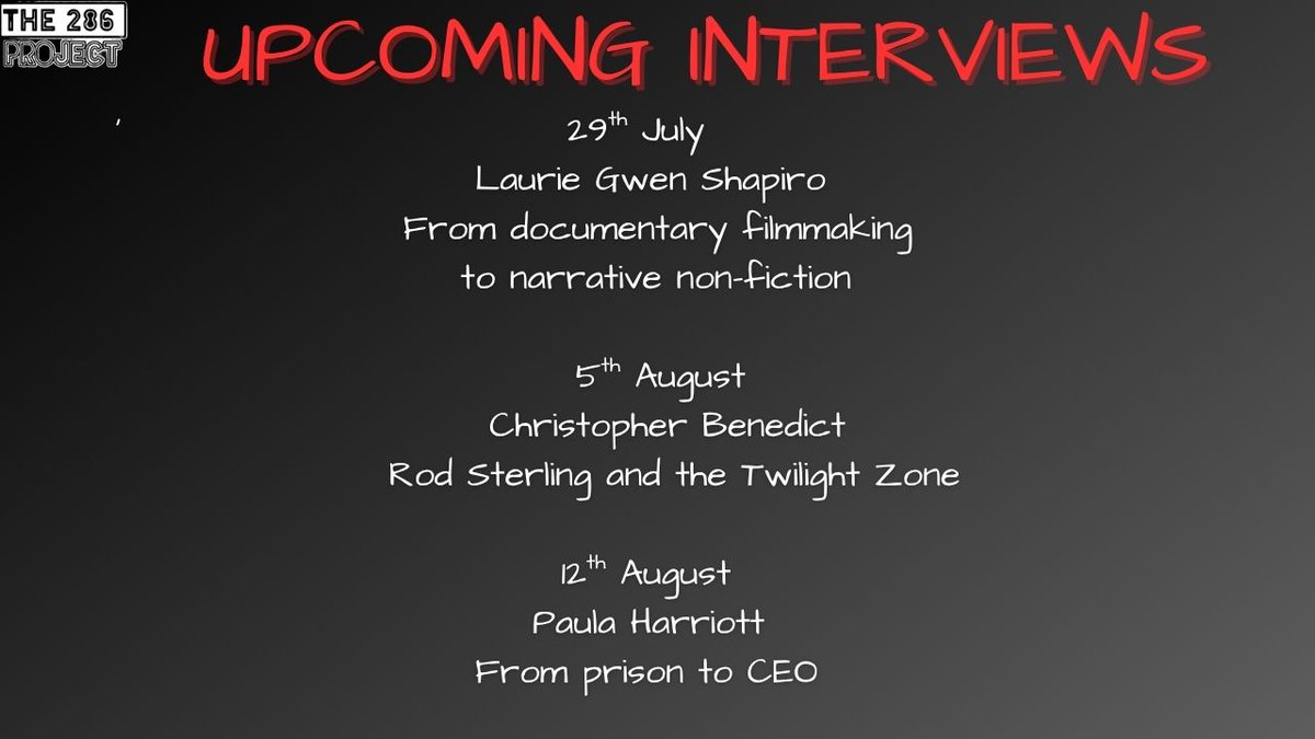 the286project's tweet image. UPCOMING INTERVIEWS
@LaurieStories
@paula_harriott
#ameliaearhart
#writing
#prison
#jail
#sentencing
#twilightzone
#television