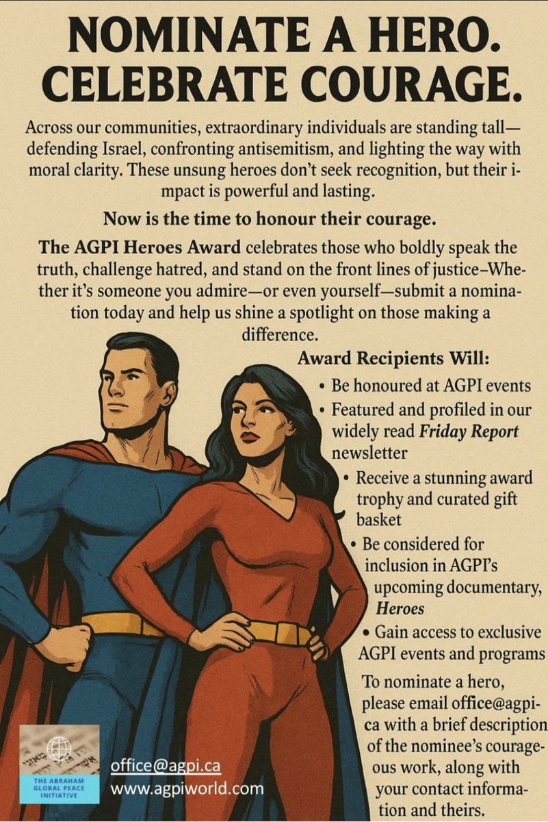 norlowsky's tweet image. Know someone fighting #antisemitism, defending #Israel, or standing up for truth? Nominate them for the AGPI Heroes Award and help shine a light on real courage. Info: agpiworld.com

#AGPI #HeroesAward #MoralCourage