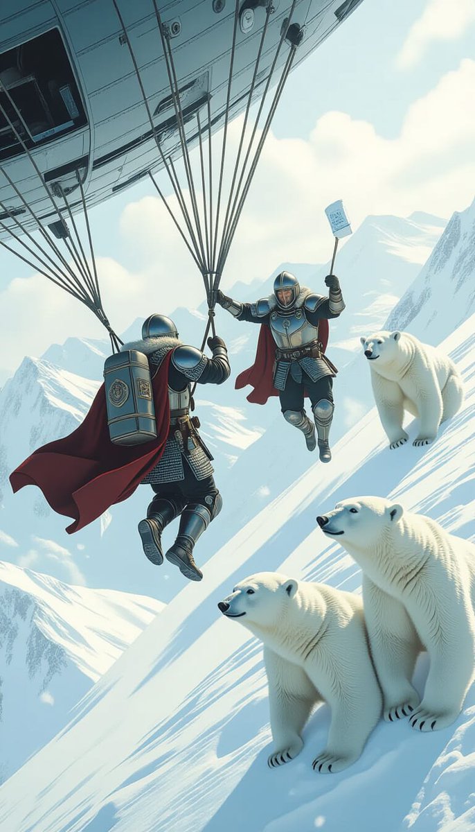 I created this cover for my book titled "Medieval paratroopers jump to the north pole to deliver shaving cream to  2 polar bears" but I don't have room for the title. Any ideas?
