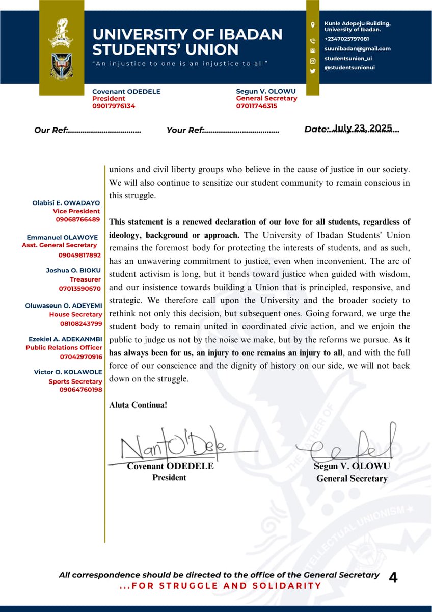 studentsunionui's tweet image. ‼️UI'SU PRESS RELEASE‼️
STATEMENT ON RECENT DISCIPLINARY SANCTIONS AND OUR UNWAVERING COMMITMENT TO STUDENT LIBERTY, JUSTICE AND UNIONISM