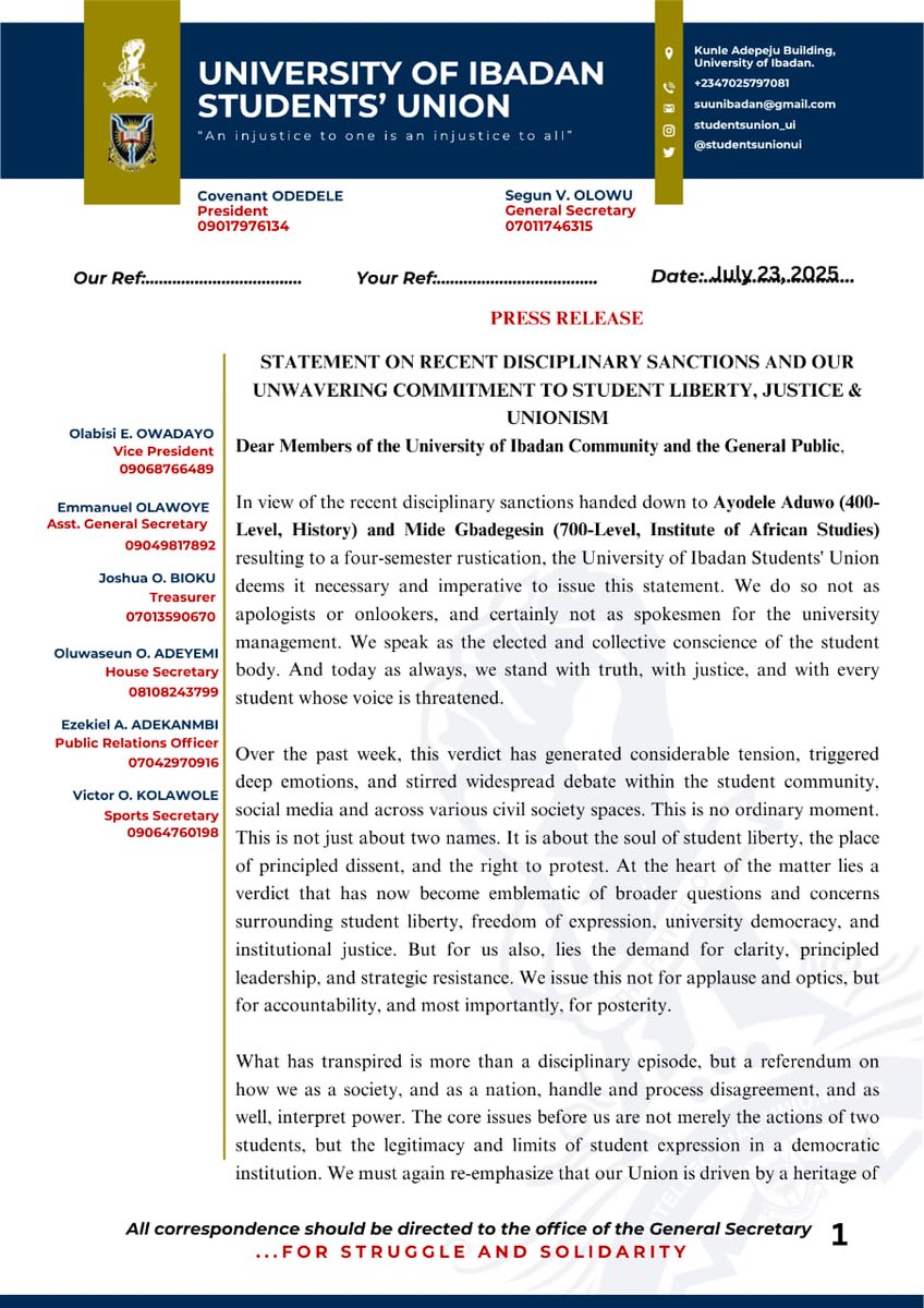 studentsunionui's tweet image. ‼️UI'SU PRESS RELEASE‼️
STATEMENT ON RECENT DISCIPLINARY SANCTIONS AND OUR UNWAVERING COMMITMENT TO STUDENT LIBERTY, JUSTICE AND UNIONISM