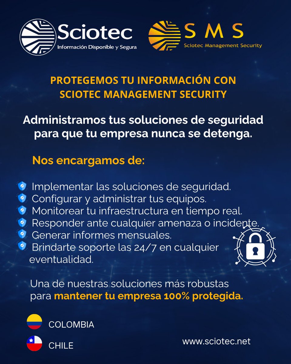 🔐 Protege tu empresa con nuestro servicio SMS:
✔️ Administramos tu seguridad
✔️ Monitoreamos 24/7
✔️ Respondemos a incidentes
✔️ Te entregamos reportes mensuales
Tu tranquilidad, nuestra prioridad.
#Ciberseguridad #SMS #Sciotec