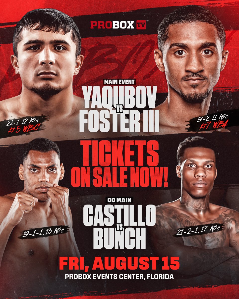 ProBox_TV's tweet image. Tickets are officially on sale! π¨
ProBox TV returns to Pro Box Event Center on August 15th with a stacked card headlined by Yaqubov vs Foster III and Castillo vs Bunch in the co-main.
ποΈ Grab your tickets now at proboxtv.com/tickets