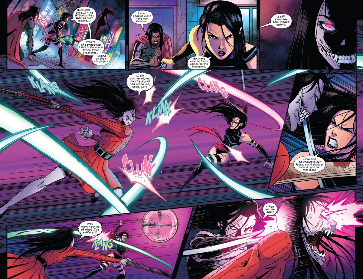 I love when Psylocke is paired with a Yokai, specifically an Onryō.

Because both the Kuchisake-onna &amp; Yuki-onna parallel Kwannon. And she herself was on the verge to become one if she didn’t chose mercy.

Butterfly Yokai is her Onryō Dark Phoenix moment. #XSpoilers #PsySpoilers