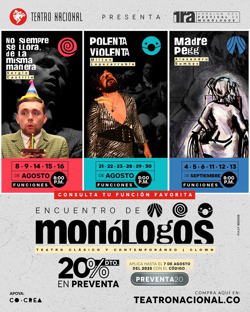 🤩📣 Inicia la gran temporada de "Encuentro de monólogos" en la Casa del Teatro Nacional 📍
En este encuentro podrás encontrar: clown, teatro tradicional y contemporáneo durante 6 semanas en la Sala Sinagoga. 
Conoce más en TEATRONACIONAL.CO