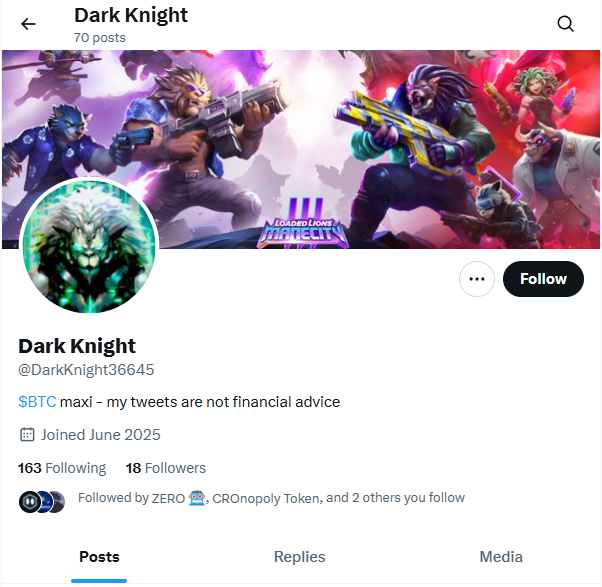 Just a heads up Fam. This is not me, and those who know me, the PFP he is using is my Legendary dark lion that I do use from time to time as my PFP.  I don't know if this is a melicious account, just wanted to bring awareness to it.  Again, this is not me or anyone i know...