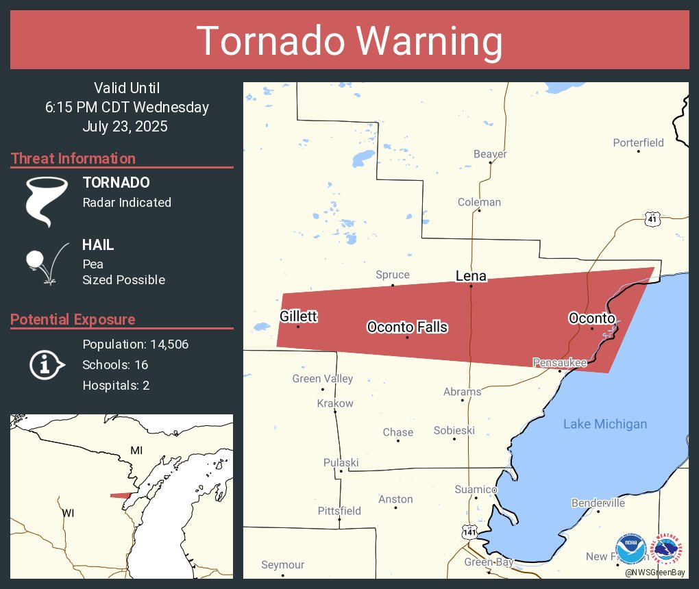 NWStornado's tweet image. Tornado Warning including Oconto WI, Oconto Falls WI and Gillett WI until 6:15 PM CDT
