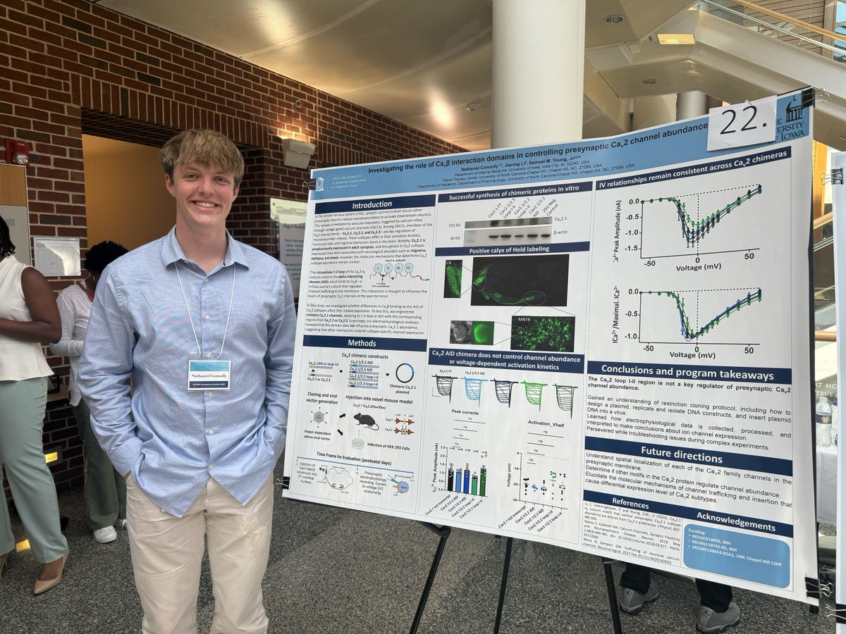 UNC_PHCO's tweet image. ⚙️ Extra! Extra! Carolina Summer Fellow Nathaniel Connolly investigated how specific protein domains regulate calcium channels at synapses in Dr. Sam Young’s lab. Key to understanding nerve signal control!
Huge thank you to his bench mentor Dr. Jianing Li! #CarolinaSummer