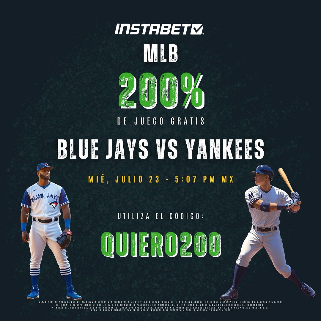 ¡Mitad de semana de béisbol! ⚾🔥

Blue Jays y Yankees se enfrentan en un duelo que sacará chispas. 💥
Regístrate y activa bonos exclusivos para jugar como los grandes. 🧢⚾

#mlb #bluejays #yankees #baseball #béisbol #beisbol #sport #instabetmx #sportbetting