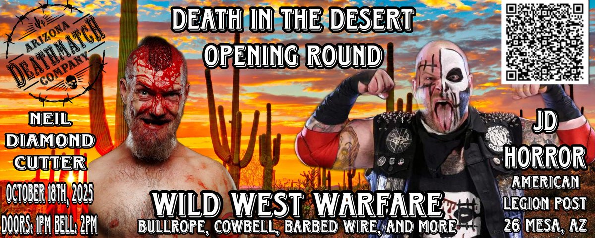 AZDMCo's tweet image. Second opening round match announcement!

Neil Diamond Cutter will take on JD Horror in a WILD WEST WARFARE match!

TIX: eventbrite.com/e/death-in-the…

SPONSORSHIP OPPORTUNITIES AVAILABLE!

#deathmatch #deathmatchwrestling #NDC #jdhorror #wrestling #prowrestling #arizona #az #mesaaz