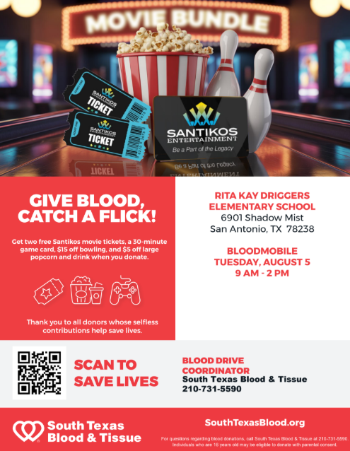 Rita Kay Driggers ES (@nisddriggers) on Twitter photo 🩸 Be a hero and save lives! Just one blood donation can help up to 3 people! The Bloodmobile is coming <a href="/NISDDriggers/">Rita Kay Driggers ES</a>. ❤️ Schedule your appointment now: donor.southtexasblood.org/donor/schedule… 🩸 Be a hero and save lives! Just one blood donation can help up to 3 people! The Bloodmobile is coming <a href="/NISDDriggers/">Rita Kay Driggers ES</a>. ❤️ Schedule your appointment now: donor.southtexasblood.org/donor/schedule…