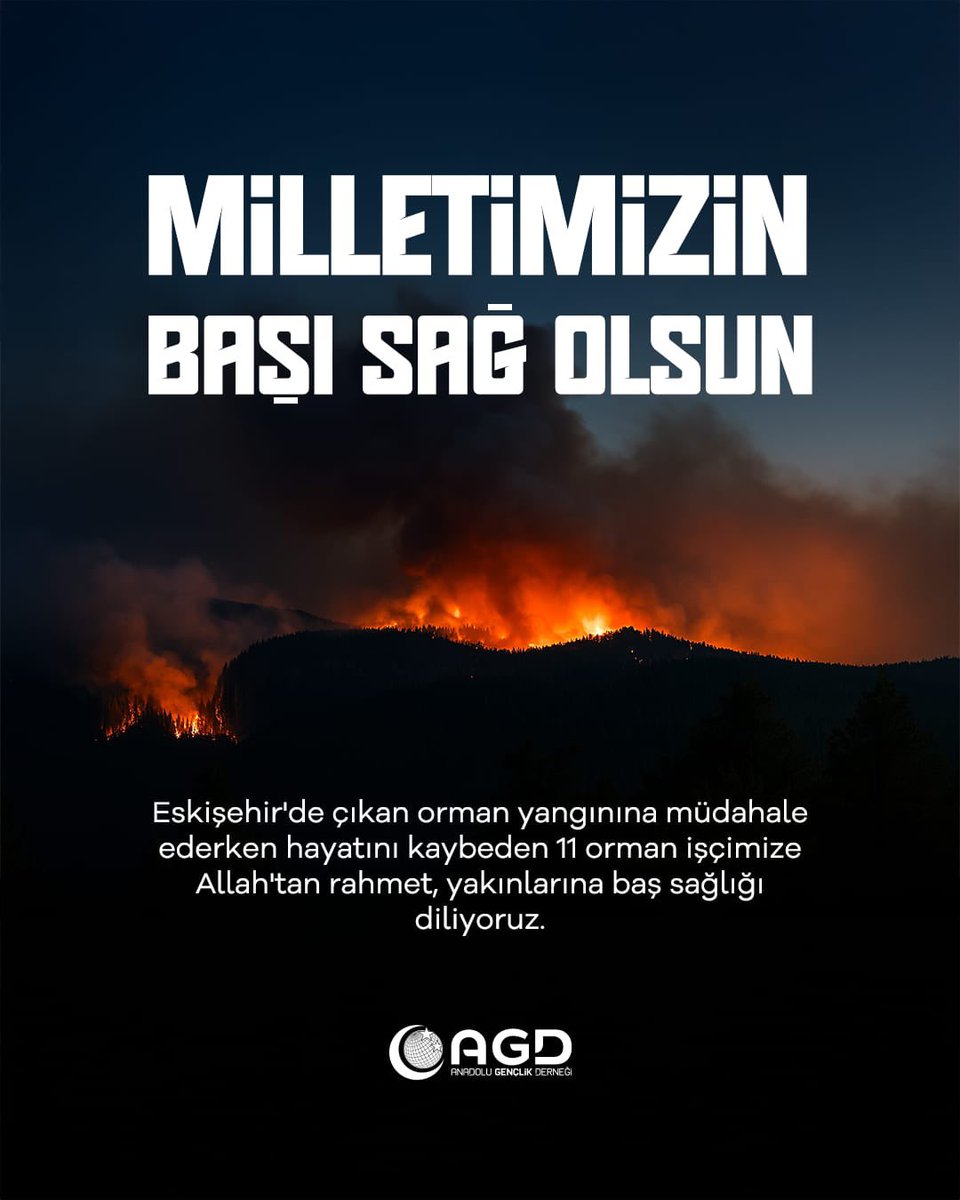 agdistanbul's tweet image. Milletimizin başı sağ olsun. 🇹🇷
Eskişehir'de çıkan orman yangınına müdahale ederken hayatını kaybeden 11 orman işçimize Allah'tan rahmet, yakınlarına baş sağlığı diliyoruz.