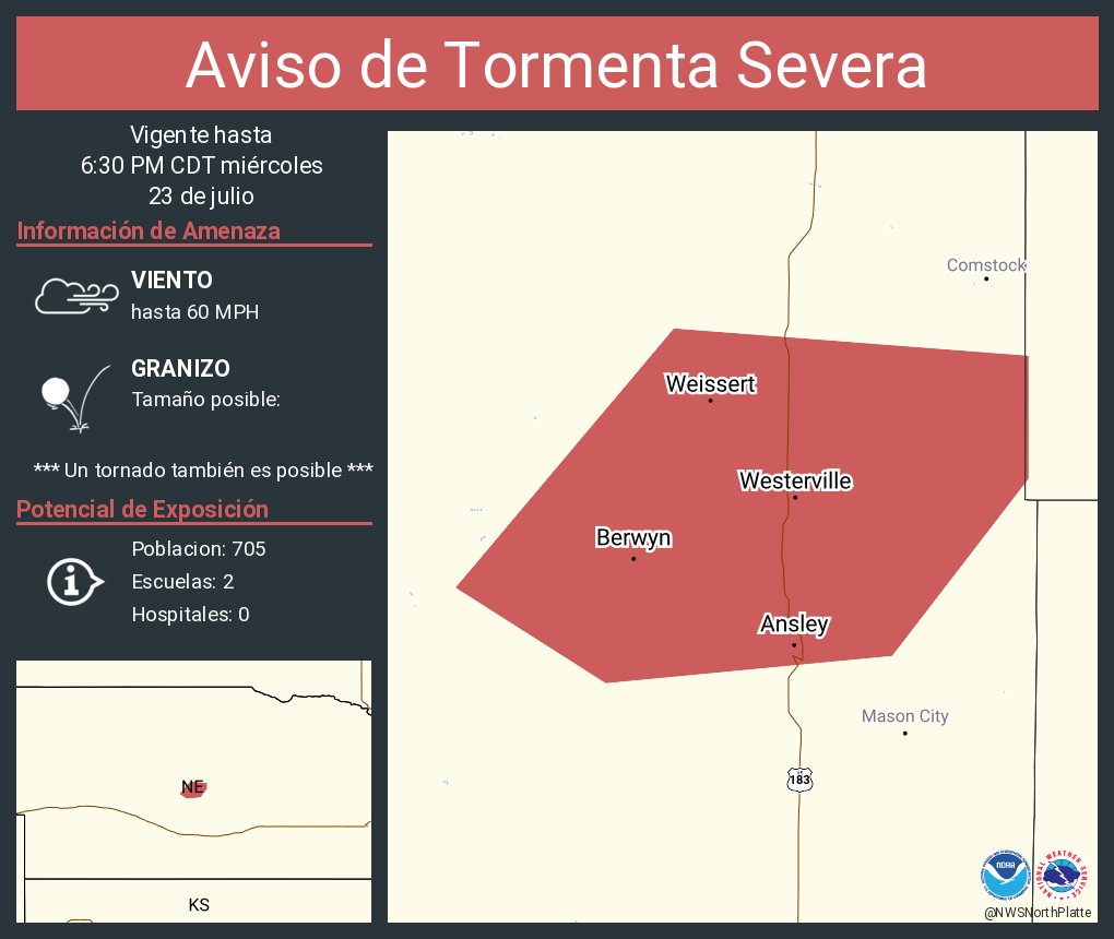NWSNorthPlatte's tweet image. Aviso de Tormenta Severa incluye Ansley NE, Berwyn NE, Westerville NE hasta las 6:30 PM CDT