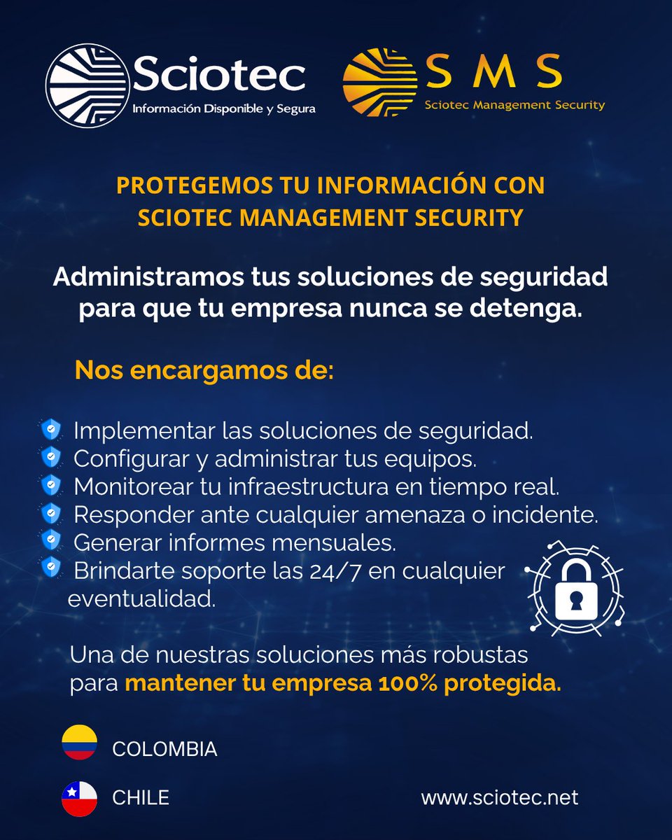 🔐 Protege tu empresa con nuestro servicio SMS:
✔️ Administramos tu seguridad
✔️ Monitoreamos 24/7
✔️ Respondemos a incidentes
✔️ Te entregamos reportes mensuales

Tu tranquilidad, nuestra prioridad.

#Ciberseguridad #SMS #Sciotec #SeguridadInformatica #Cyber