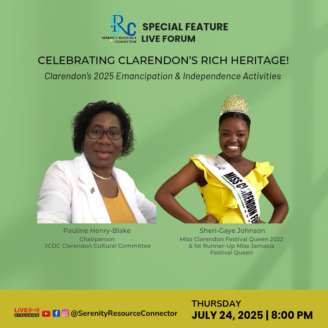 Clarendon’s Emancipation &amp; Independence 2025 line-up is HERE!
🗓️ Thurs, July 24 | 🕗 8 PM
🎤 Pauline Henry-Blake &amp; Sheri-Gaye Johnson
🎥 Tune in live: youtube.com/live/Cy3wWTW_R…
From vigils to carnivals - celebrate culture with us! 

#SRCSpecialFeature #Clarendon #Emancipendence2025