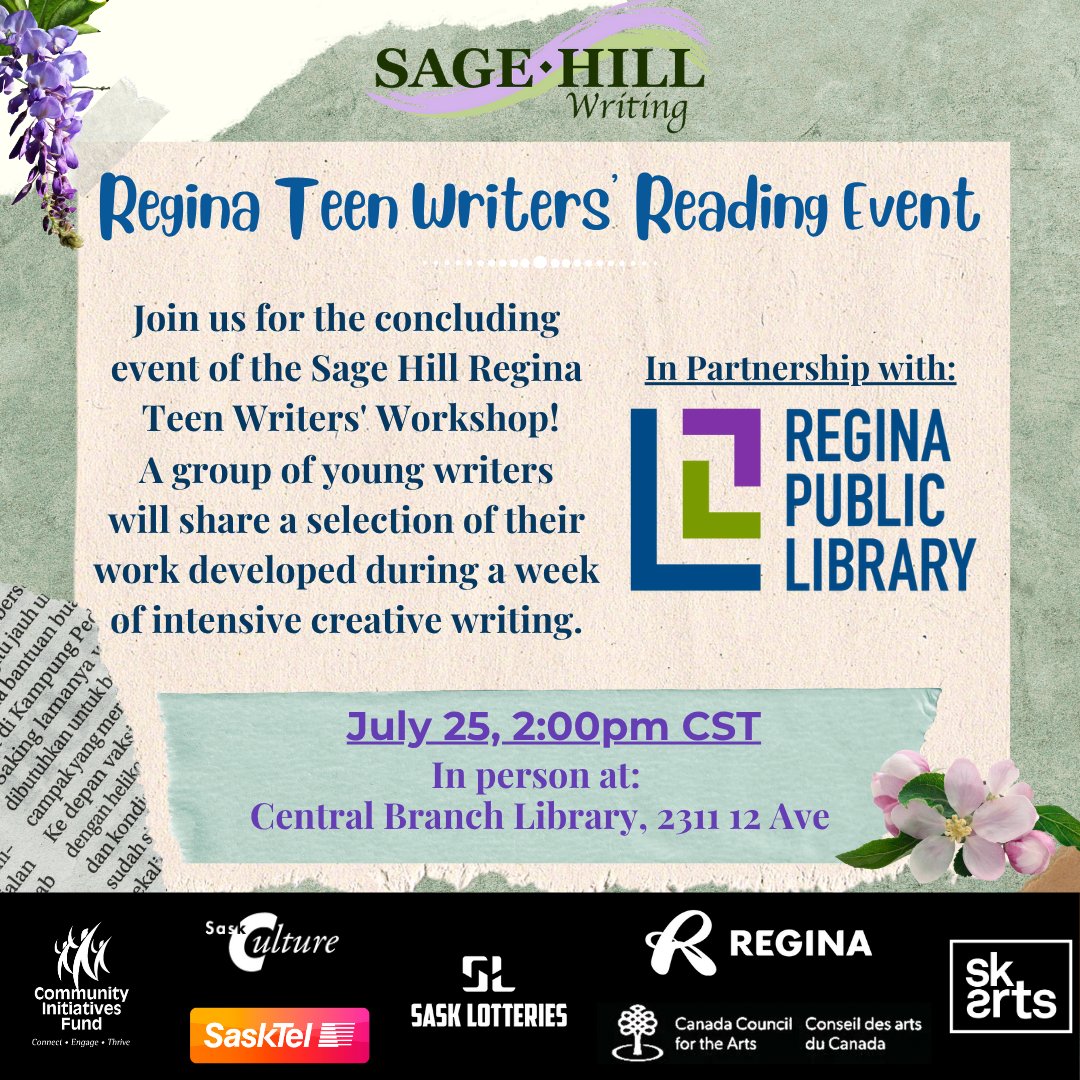 Join us this Friday, July 25th at 2:00 pm CST, for the Regina Teen Writers' Reading Event! The event is in person at the Central Branch Library, 2311 12 Ave. 

Everyone is welcome to attend and celebrate these young voices in our writing community.

See you there! 📖