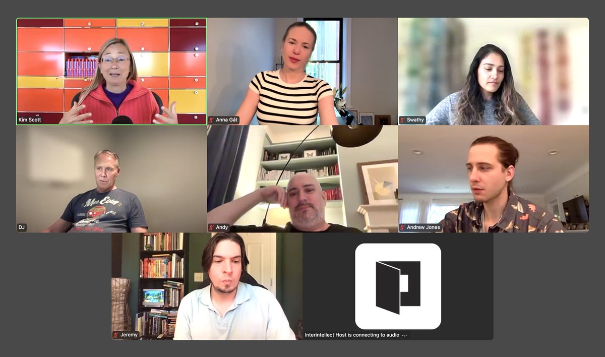 TheAnnaGat's tweet image. Radical Candor, Just Work, and Radical Respect are must-reads about workplace culture and collaborative communication in the 21st century.
So excited to have just welcomed back @kimballscott on @interintellect_ for a salon about good feedback, public language, politics at work,…