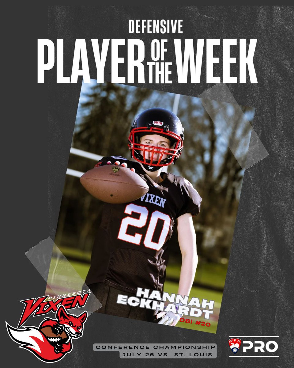 MN_Vixen's tweet photo. Playoff players of the week 💥 These four left it all on the field against the St. Louis Slam:
🔥 #20 Hannah Eckhardt
🧱 #12 Solveig Lundberg
💪 #89 Nicki Hiber
⚡ #34 Rae Jefferson
Relentless. Gritty. Vixen tough. 👊 #PlayoffPush #VixenFootball #WFAPlayoffs https://t.co/7LKgC1KgSE