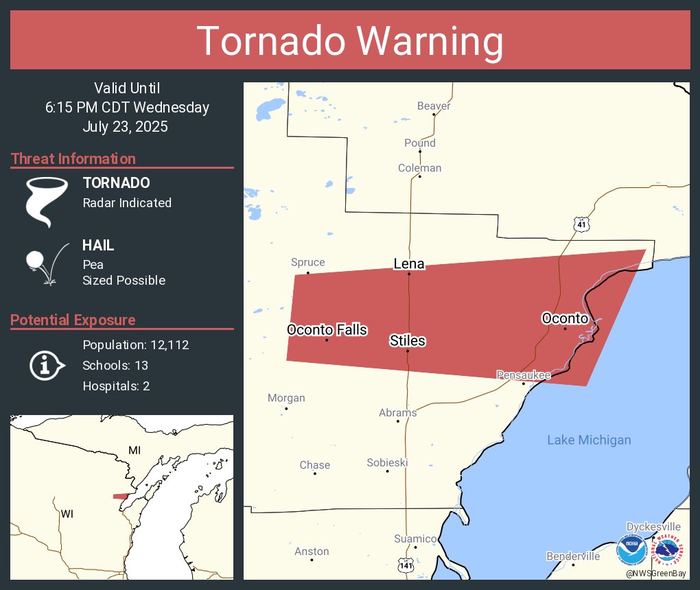 NWStornado's tweet image. Tornado Warning continues for Oconto WI, Oconto Falls WI and Lena WI until 6:15 PM CDT