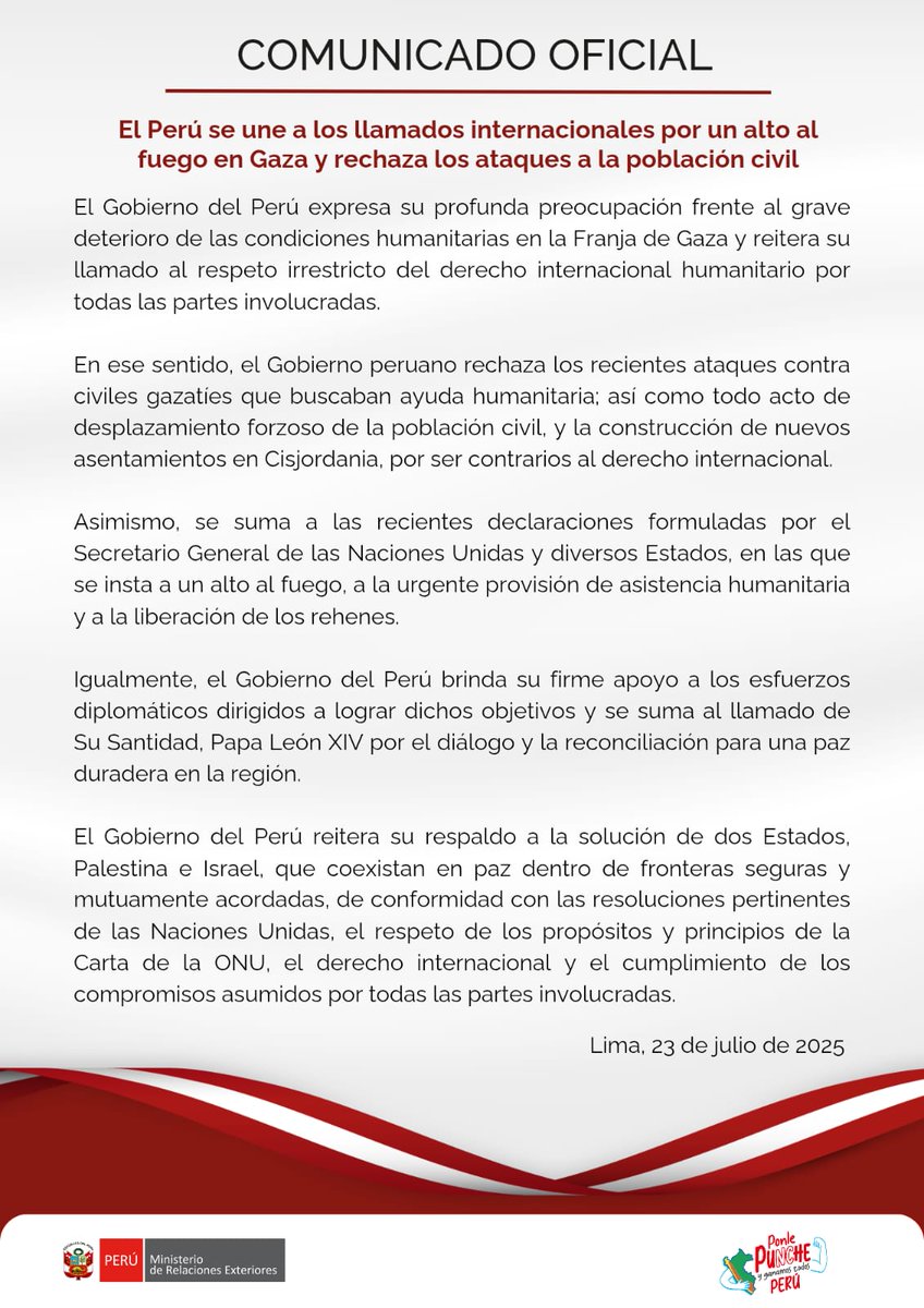 CancilleriaPeru's tweet image. 📄Comunicado Oficial 031-25: El Perú se une a los llamados internacionales por un alto al fuego en Gaza y rechaza los ataques a la población civil.
👉gob.pe/es/n/1213714