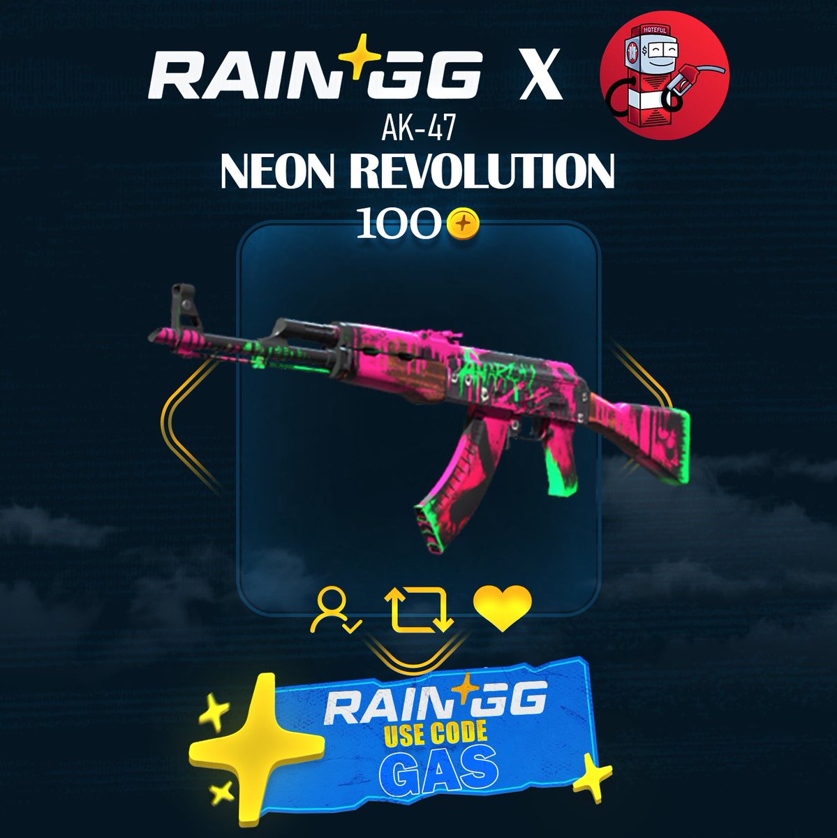 100 COIN AK-47 NEON REVOLUTION GIVEAWAY 🎁

✅ Steps to enter:

- Follow <a href="/HqtefulBets/">Hqteful</a> &amp; <a href="/raindotgg/">Rain.gg</a> 
- Like, RT &amp; Tag a friend
- Reply with Rain ID
- Use Code GAS on RainGG (Optional)

Picking winner in 48 hours ⏰