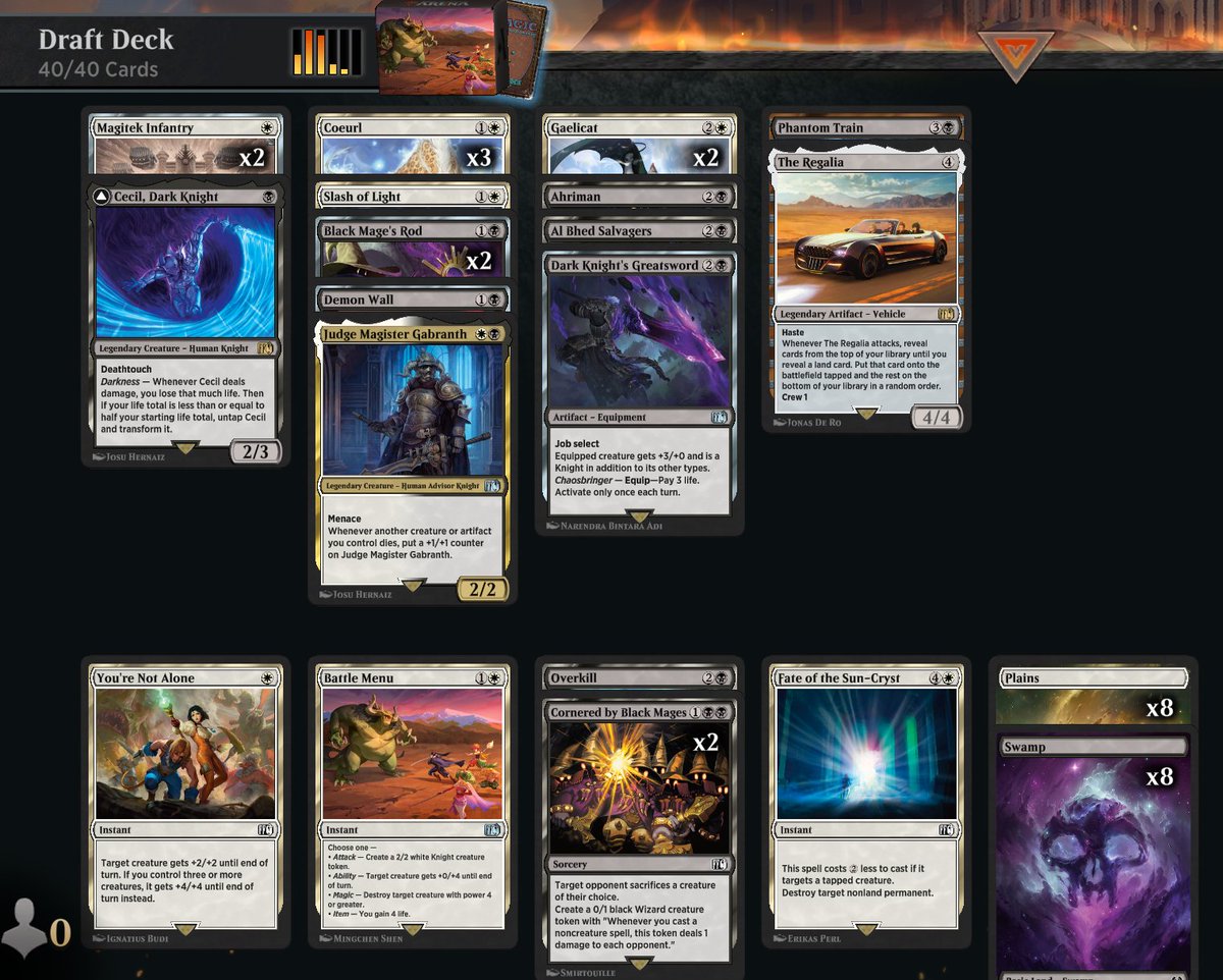 🏆#10 (7-0) Draft #FinalFantasy  

Back to origins antes de que se acabe el formato...

Este draft me ha durao un pescao... partidas super rápidas, super curvadoras... y con unos gatos tapeadores que me han dado muuchos games :D

<a href="/RebellionMTG/">Rebellion MTG</a> #MTGFinalFantasy #boosterdraft