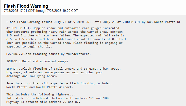 Jasamsdestiny's tweet image. #FlashFloodWarning
At 5:01, radar indicated thunderstorms producing heavy rain across the warned area. Btwn 1.5 & 3" of rain has fallen. The expected rain rate is 0.5 to 1.5" in 1 hr. Additional rain of 0.5 to 1" are possible in the warned area.
#NorthPlatte including Airport.