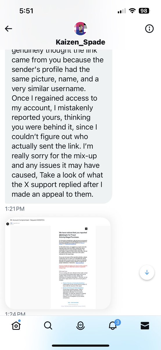teletuple's tweet image. heads up for anyone that gets a dm from @ / _King__Spade_ its a scam, theyre trying to get people to give their personal information to a fake discord user 💀