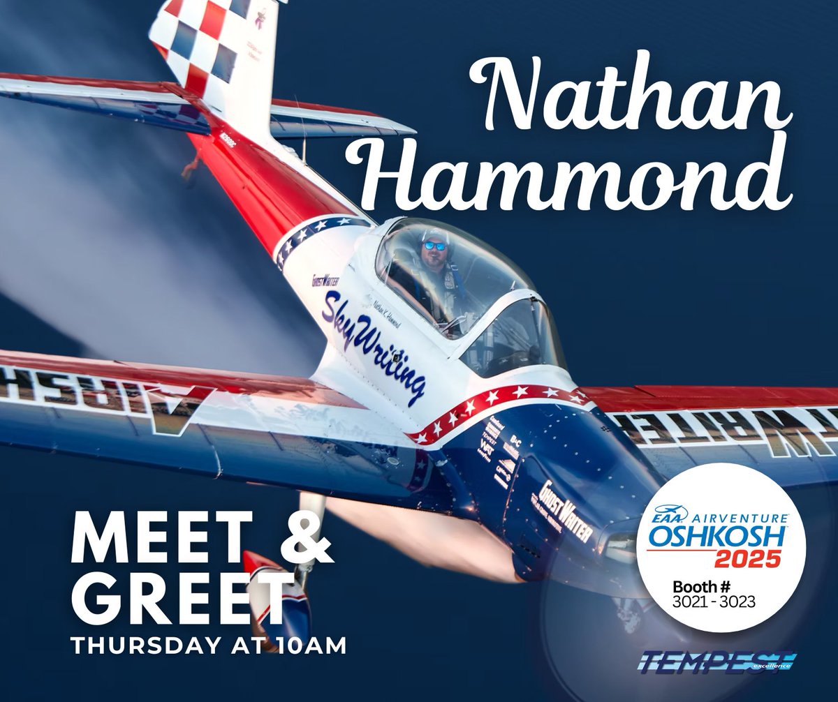 Congratulations to Nathan Hammond, the 2023 winner of the Bill Barber Award! Come by to meet Nathan this Thursday at 10 AM at booth #3021–3023! 

#Oshkosh25 #EAAAirventure #generalaviation #innovation #TeamTempest #NathanHammond #SkyWriting