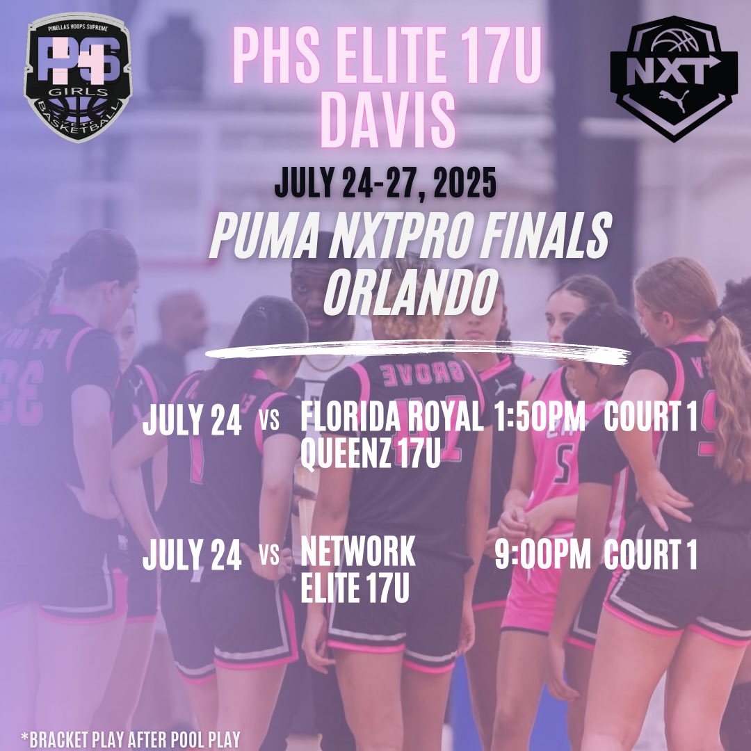 Coach Bianchi (@coach_bianchi) on Twitter photo Schedule for <a href="/PRO16G/">NXTPRO Girls League</a> finals in Orlando this week for <a href="/PHSGirlsBBall1/">Pinellas Hoop Supreme Girls Basketball NXT</a> <a href="/B_Boggs13/">Coach B</a> <a href="/DavonDavis0421/">(718) (917)</a>
<a href="/jadah_sec/">Jadah Secundino</a>
<a href="/LeahBarker66838/">Leah Barker</a>
<a href="/Julias401m/">Julia smith</a>
<a href="/kkwiebe/">CadynWiebe</a>
<a href="/SophiaLanden26/">Sophia Landen</a>
<a href="/elliebross/">Ellie Bross</a>
<a href="/stevens_malia/">Malia Stevens</a>
<a href="/lilajacobs23/">Lila Jacobs</a>
<a href="/Allevia10/">Allevia Williams</a>
Bracket play after pool play Schedule for <a href="/PRO16G/">NXTPRO Girls League</a> finals in Orlando this week for <a href="/PHSGirlsBBall1/">Pinellas Hoop Supreme Girls Basketball NXT</a> <a href="/B_Boggs13/">Coach B</a> <a href="/DavonDavis0421/">(718) (917)</a>
<a href="/jadah_sec/">Jadah Secundino</a>
<a href="/LeahBarker66838/">Leah Barker</a>
<a href="/Julias401m/">Julia smith</a>
<a href="/kkwiebe/">CadynWiebe</a>
<a href="/SophiaLanden26/">Sophia Landen</a>
<a href="/elliebross/">Ellie Bross</a>
<a href="/stevens_malia/">Malia Stevens</a>
<a href="/lilajacobs23/">Lila Jacobs</a>
<a href="/Allevia10/">Allevia Williams</a>
Bracket play after pool play