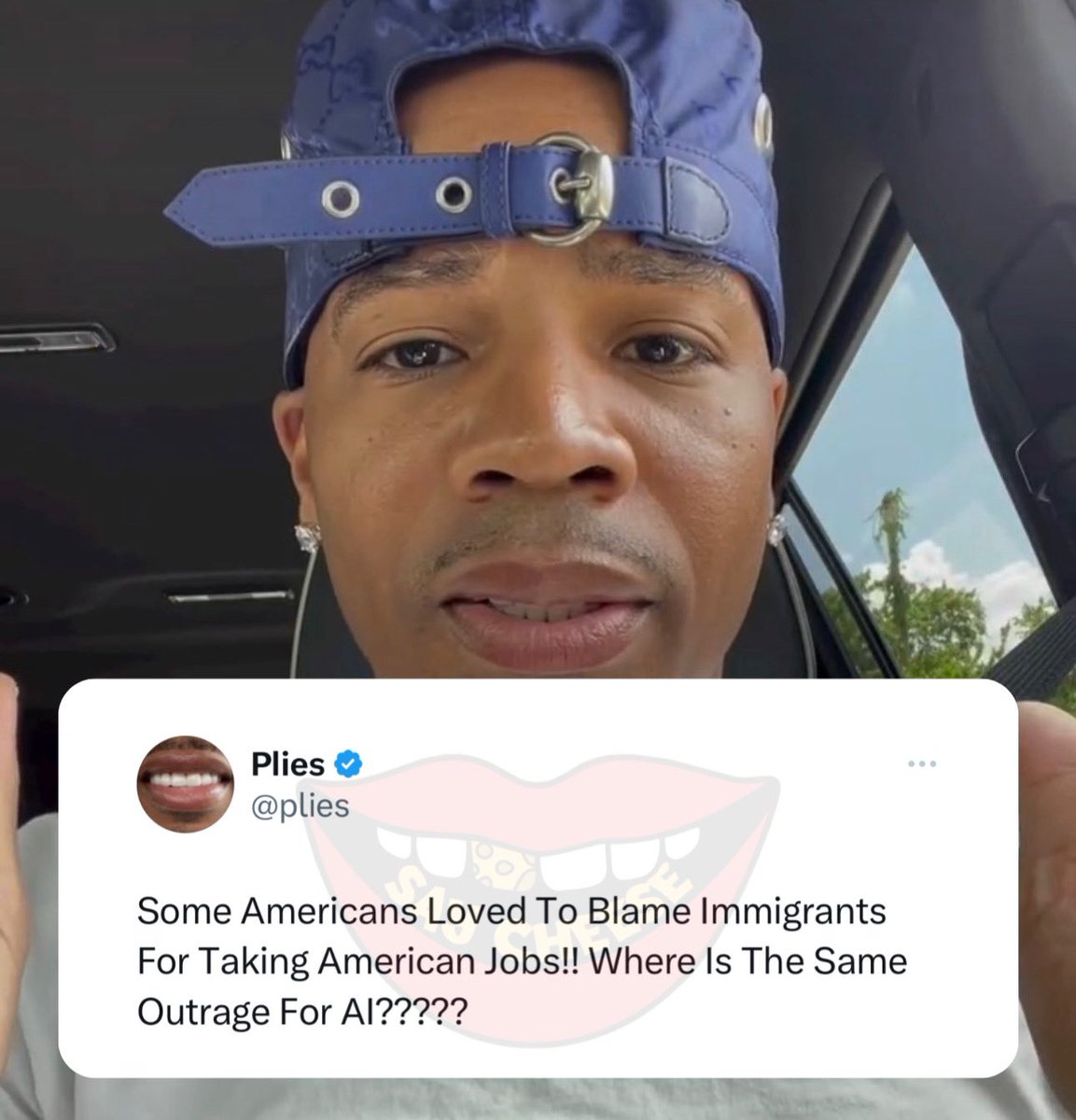 SaycheeseDGTL's tweet image. Plies is wondering why people aren't as outraged over AI taking over jobs as they were about immigrant workers taking American jobs