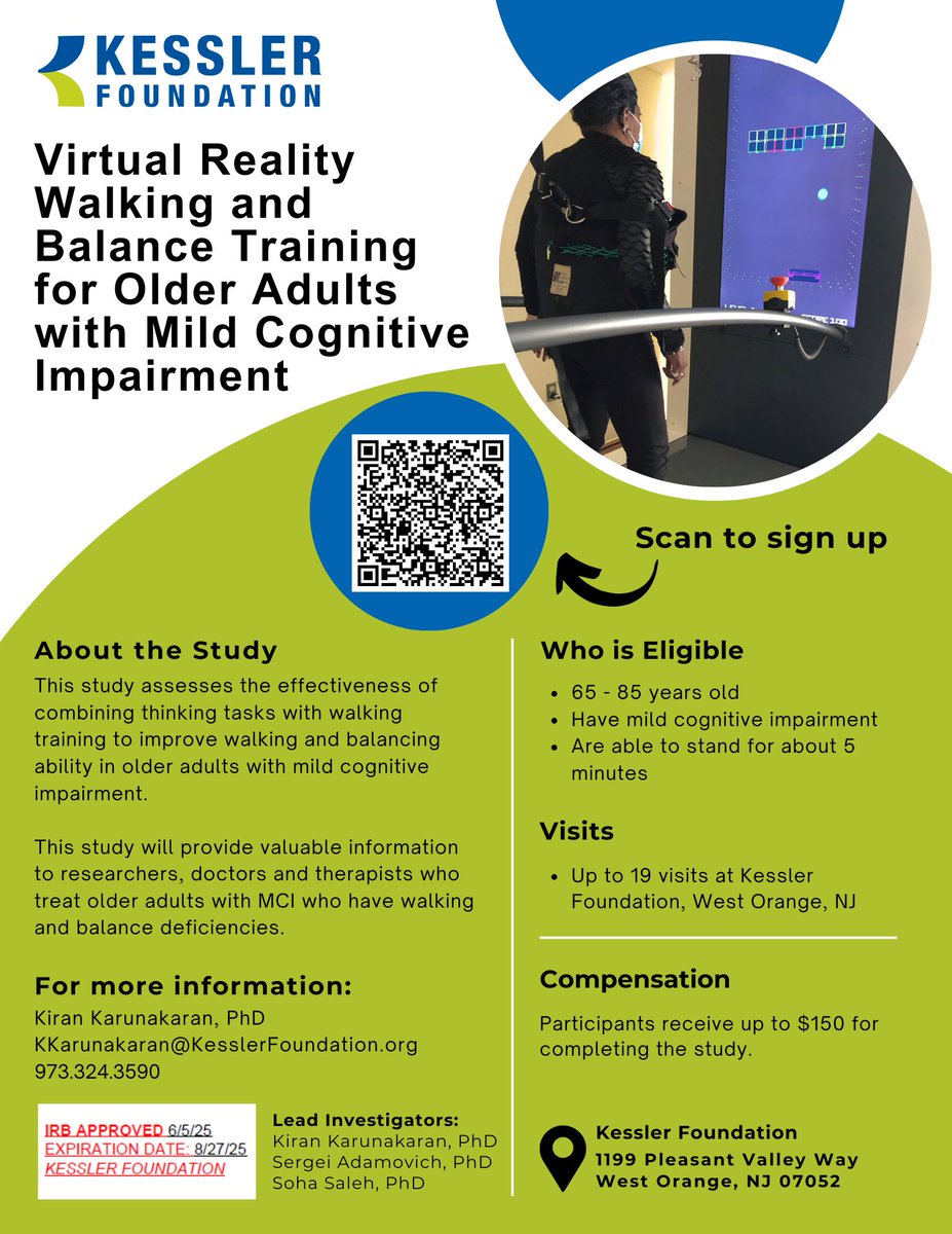 KesslerFdn's tweet image. Do you have mild cognitive impairment and struggle with balance when walking? Researchers at Kessler Foundation are studying the effectiveness of virtual reality-based training to improve gait and balance to reduce falls in older adults with MCI. Interested in joining this study?…