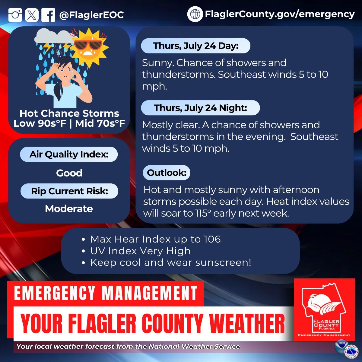 FlaglerEOC's tweet image. Your local weather forecast from the National Weather Service for Thurs, July 24. For updates visit weather.gov/jax Sign up for free weather alerts at FlaglerCounty.gov/AlertFlagler #FlaglerWeather #FlaglerCounty #WeatherAlert