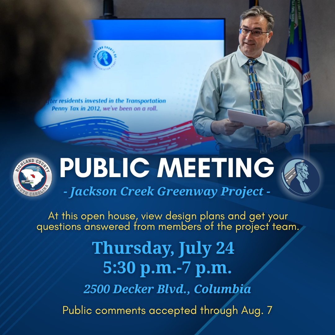RichlandSC's tweet image. Get insight on the Jackson Creek Greenway Project at an open house set for 5:30 p.m.-7 p.m. tomorrow at 2500 Decker Blvd., Columbia. Submit comments through Aug. 7: tinyurl.com/3et92r86. Learn more: bit.ly/JacksonCreekGr….
#YourTransportationPenny #RichlandCountySC