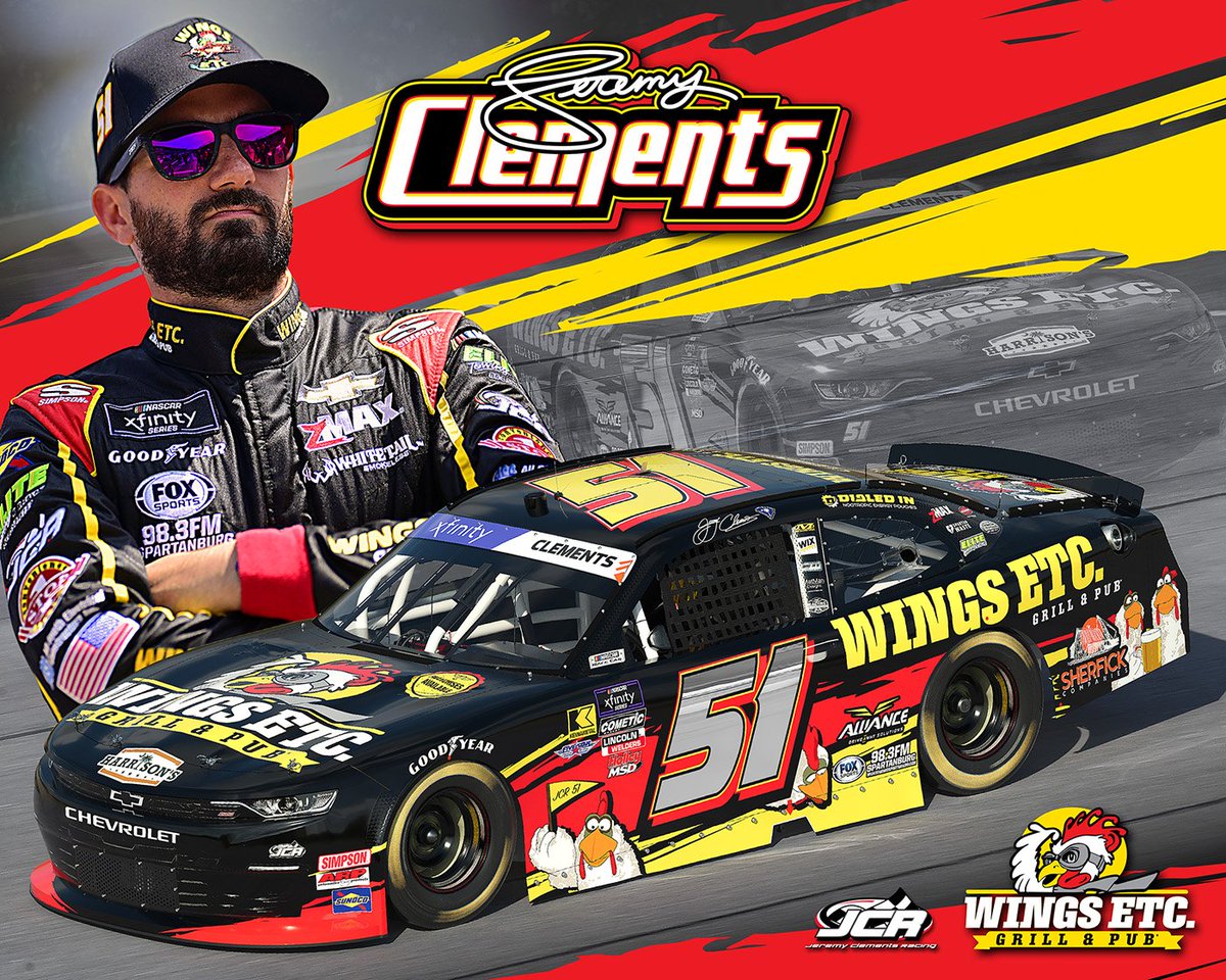 <a href="/JClements51/">Jeremy Clements</a> is Rev'd Up &amp; Ready to take on #TheBrickyard &amp; bringing the Heat with <a href="/WingsEtc/">Wings Etc. Grill & Pub</a> on board #51 <a href="/TeamChevy/">Chevrolet Motorsports</a> with a fresh new look! 
Details Below ⬇️
🏎️ <a href="/XfinityRacing/">Xfinity Racing</a> #Pennzoil250
🗓️ Saturday, July 26
🕟 4:30 PM EST
📍 <a href="/IMS/">Indianapolis Motor Speedway</a> 
📺 <a href="/TheCW/">The CW</a> 

jeremyclements51.com/uncategorized/…