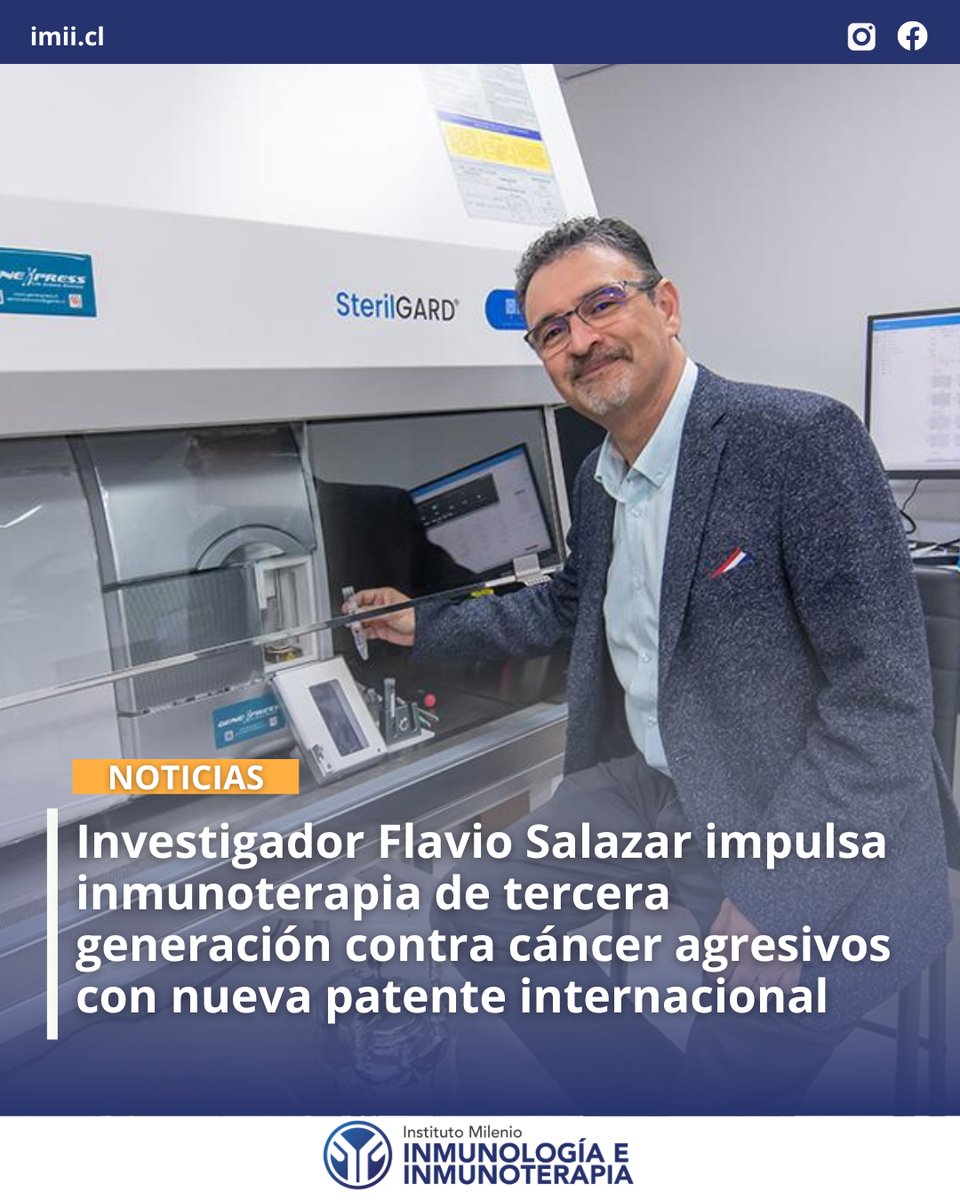 Instituto Milenio en Inmunología e Inmunoterapia (@imii_cl) on Twitter photo El Dr. Flavio Salazar, investigador del IMII y fundador de Oncobiomed, presentó junto a su equipo una nueva patente internacional para una inmunoterapia de tercera generación que busca activar el sistema inmune a partir de neutrófilos para tratar cánceres agresivos. El Dr. Flavio Salazar, investigador del IMII y fundador de Oncobiomed, presentó junto a su equipo una nueva patente internacional para una inmunoterapia de tercera generación que busca activar el sistema inmune a partir de neutrófilos para tratar cánceres agresivos.