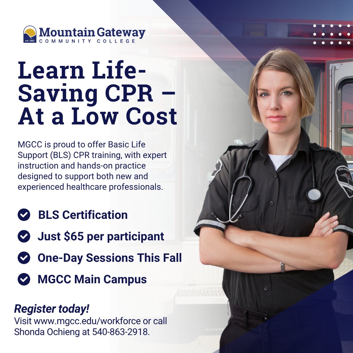Get BLS CPR certified this fall at MGCC!
One-day sessions | $65 | MGCC Main Campus
Hands-on training for healthcare &amp; emergency professionals.

Register: mgcc.edu/workforce
Questions? Call 540-863-2899

#CPR #BLS #MGCC #Training
