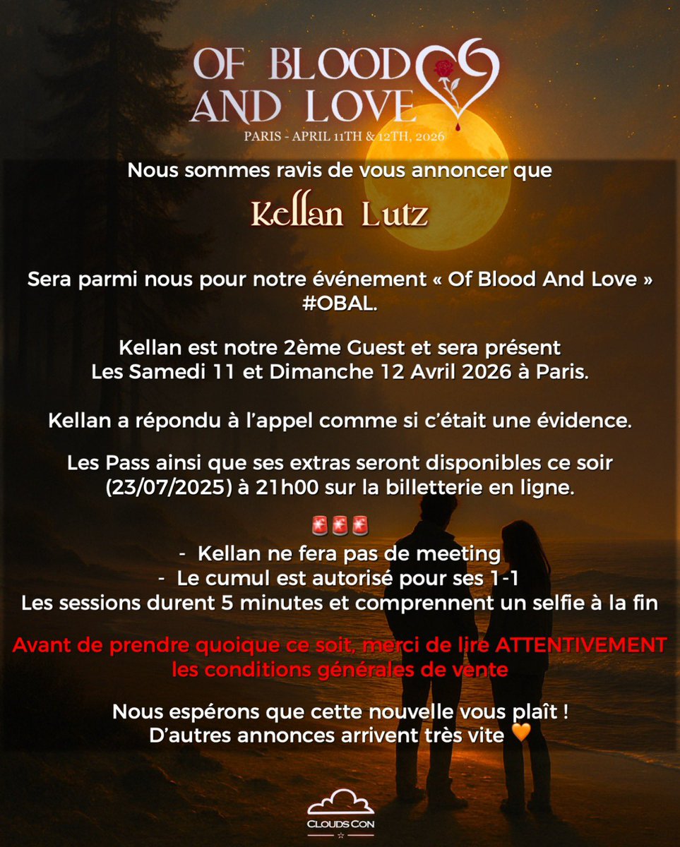 CloudsCon's tweet image. #OBAL #OfBloodAndLove 🌹

Nous sommes très heureux de vous annoncer la venue de KELLAN LUTZ pour la OF BLOOD AND LOVE à Paris ! 🌹

🗓️ 11-12 Avril 2026 
📍Paris, FRANCE 🇫🇷
-------
We are so thrilled to announce that KELLAN LUTZ is our 2nd guest for our #OfBloodAndLove convention…