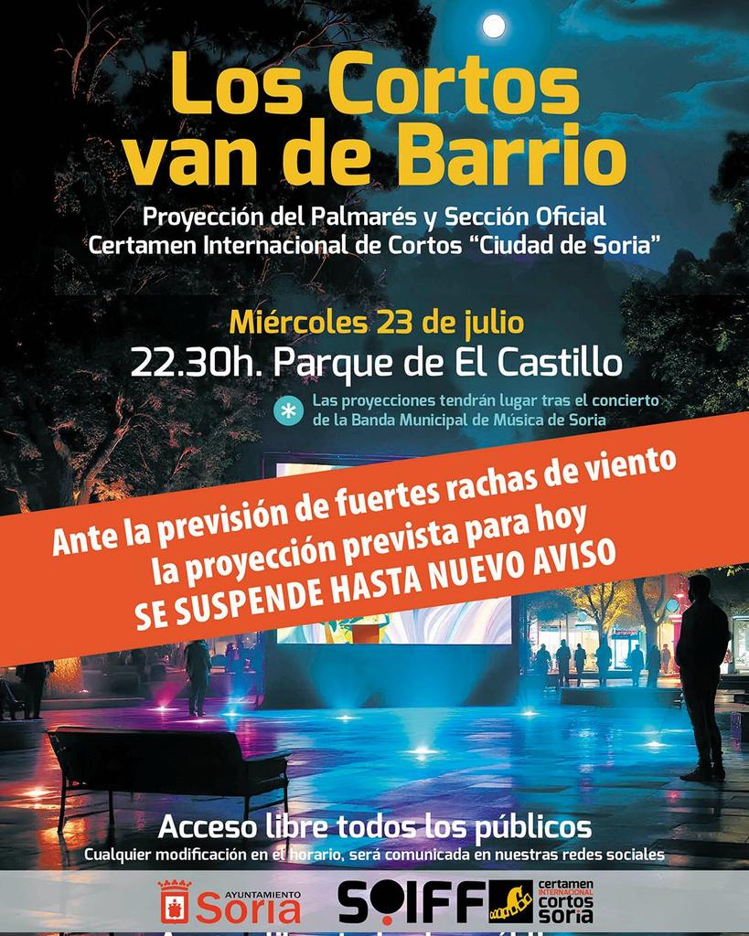 Para evitar problemas con el fuerte viento que sopla,la sesión de esta noche se suspende hasta nuevo aviso.

Lamentamos las molestias que podamos ocasionar pero "más vale prevenir que curar".

<a href="/Ayto_Soria/">Ayuntamiento de Soria</a> <a href="/cjuventudsoria/">Concejalía Juventud</a> @soriacultura 

#eligecine #eligecorto #eligesoria