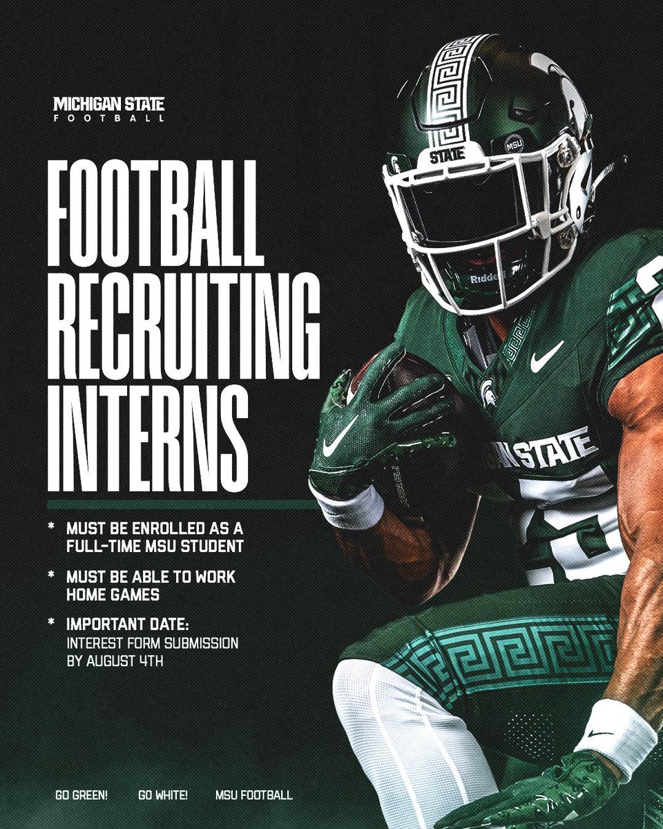 MSU_Football's tweet image. Michigan State students, join our team!
The applicant link for our 2025 Recruiting Internship is now OPEN!
→ sprtns.co/40wfUaD