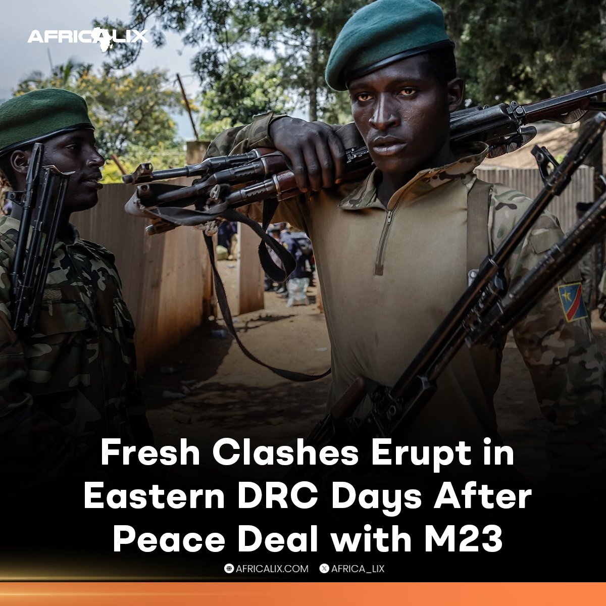 Africa_lix's tweet image. Fighting has broken out in eastern DRC’s North Kivu region, just days after Kinshasa and M23 rebels signed a peace deal in Doha.
M23 forces clashed with pro-government Wazalendo fighters, forcing civilians in Masisi territory to flee.
UN’s Radio Okapi reports battles on…