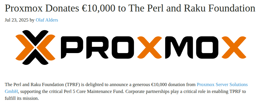 nixcraft's tweet photo. Awesome. Proxmox (VMware alternative and FLOSS software) Donates €10,000 to The Perl and Raku Foundation https://t.co/wWnLDB1Deb