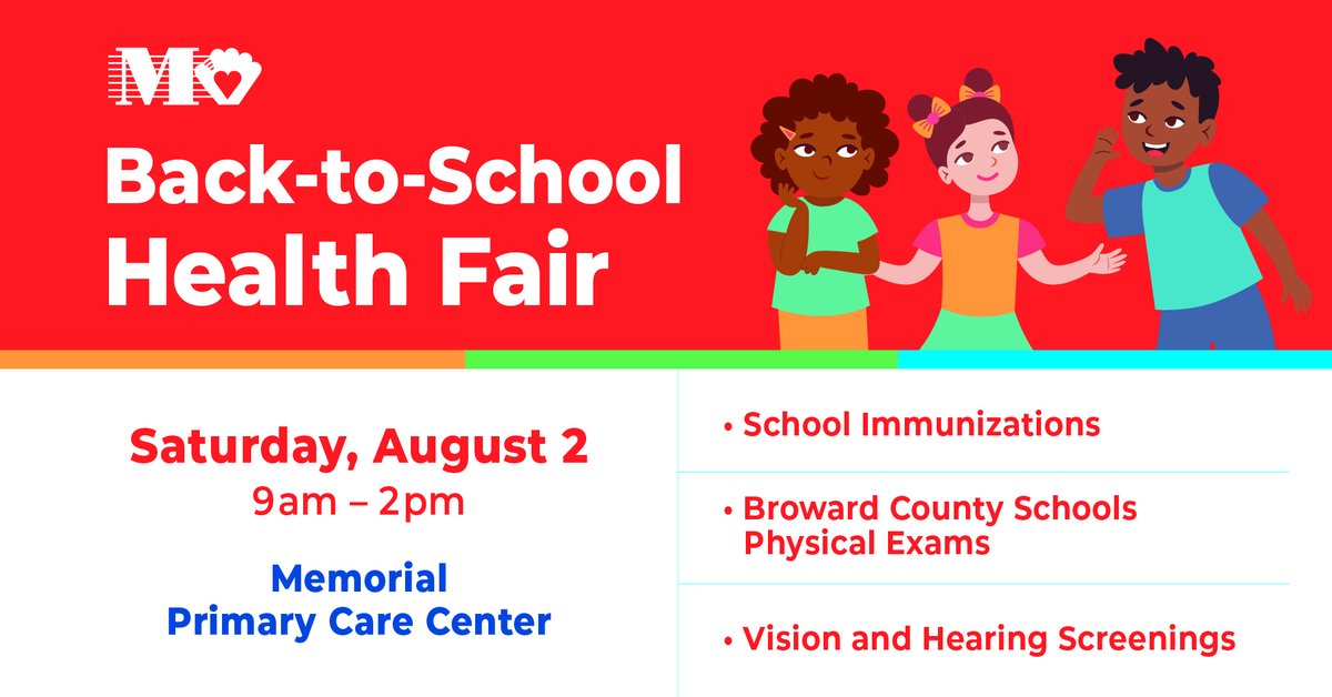 JDCHospital's tweet image. 📚 Memorial Primary Care’s Back-to-School Health Fair is Sat, Aug 2 from 9AM–2PM in Hollywood!
✅ Immunizations
✅ Physicals (no sports)
✅ Vision & hearing screenings
Free for Medicaid/uninsured kids (4–17). First 100 guaranteed!
🔗 eventbrite.com/e/2025-back-to…
