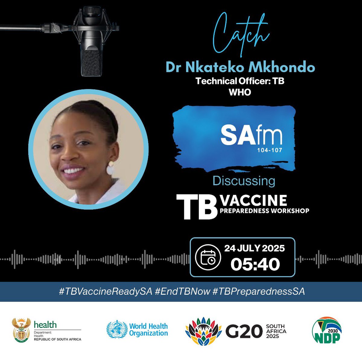Tune in to Sa Fm  (104–107) at 05:40 in the morning, to hear from <a href="/drnkati/">Nkateko</a>  Technical Officer for TB at <a href="/WHO/">World Health Organization (WHO)</a>  as she discusses South Africa’s readiness for new TB vaccines.

#TBVaccineReadySA #EndTBNow #TBPreparednessSA