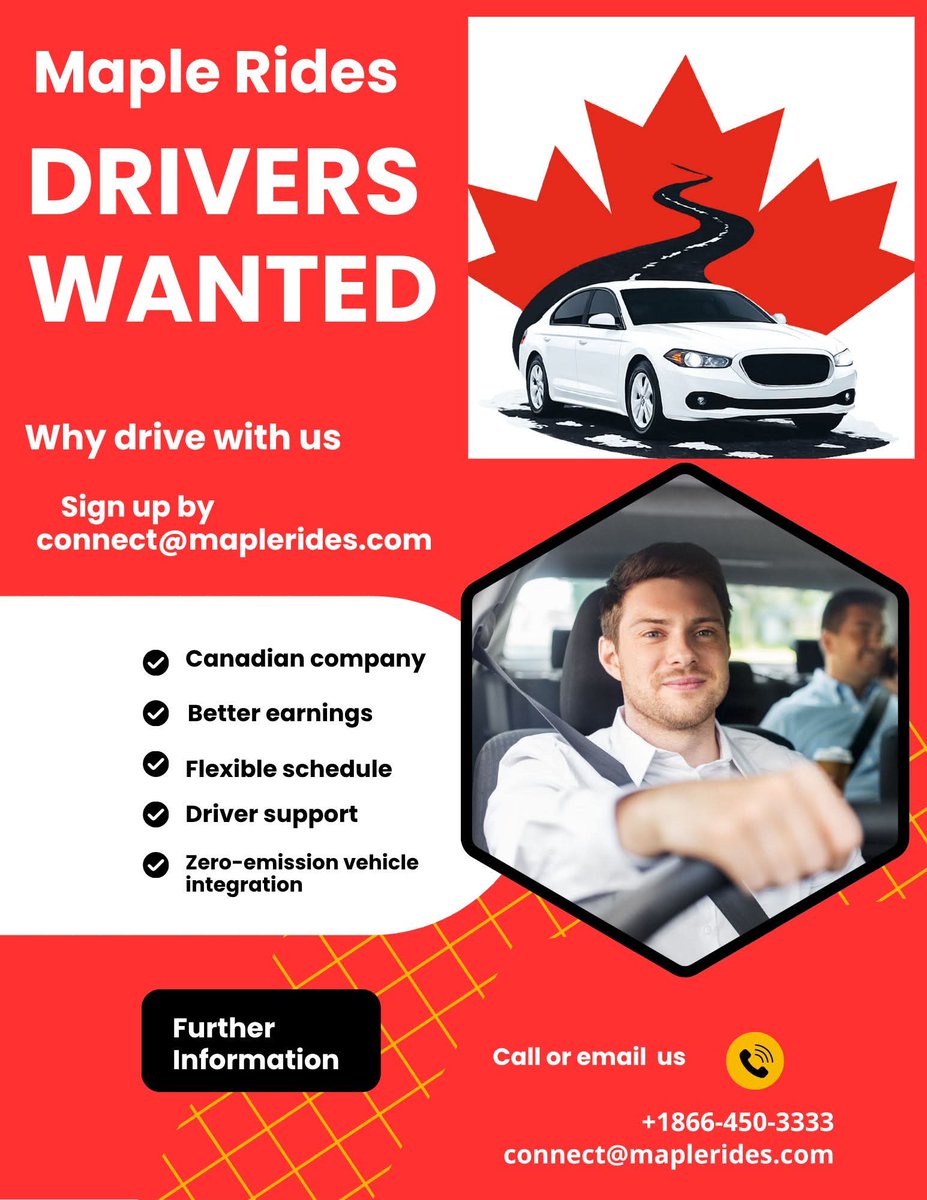 maplecanadatech's tweet image. 🚗 DRIVERS WANTED! 🚗
Maple Rides is launching SOON, and we’re looking for reliable, motivated drivers to join our Canadian-born ride-sharing movement! 🇨🇦
🌟 Sign up now to drive with Maple Rides: connect@maplerides.com
#MapleRides #DriveWithUs #CanadianDrivers #RideSharingCanada