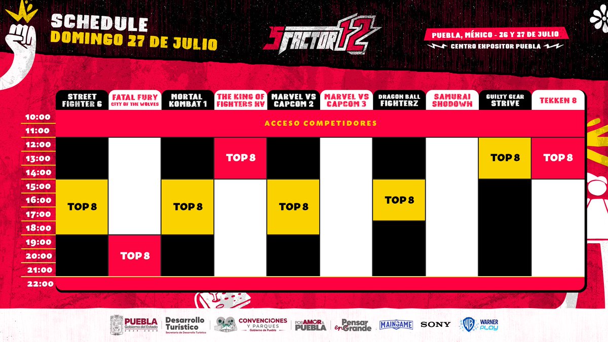 sfactorgaming's tweet image. El momento de competir ha llegado. 🏆
¡Ya están listos los horarios oficiales de los torneos!
Consulta aquí el cronograma completo de S FACTOR 12 y asegúrate de estar a tiempo para tu bracket.
Prepara tu control… ¡Tu legado empieza aquí! 🎮🔥
📍 Centro Expositor Puebla
🗓️ 26…