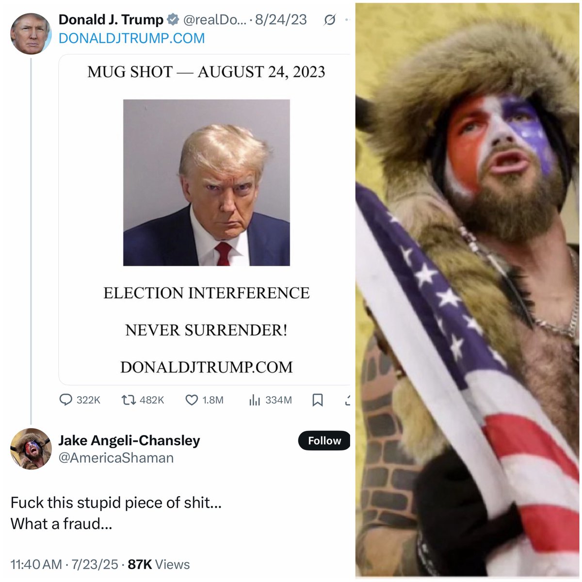 CinemaShogun's tweet image. The Q Anon Shaman is now calling out Trump.
Never thought I would see this.